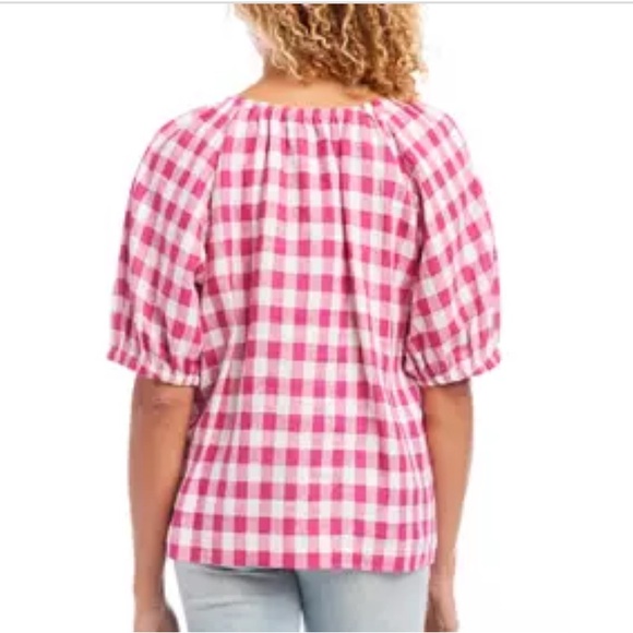 Karen Kane Line. Fuchsia Check Short Sleeve Top. - Picture 2 of 11